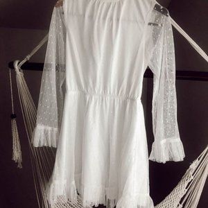 White Formal Dress- Sheer Textured Long Sleeves